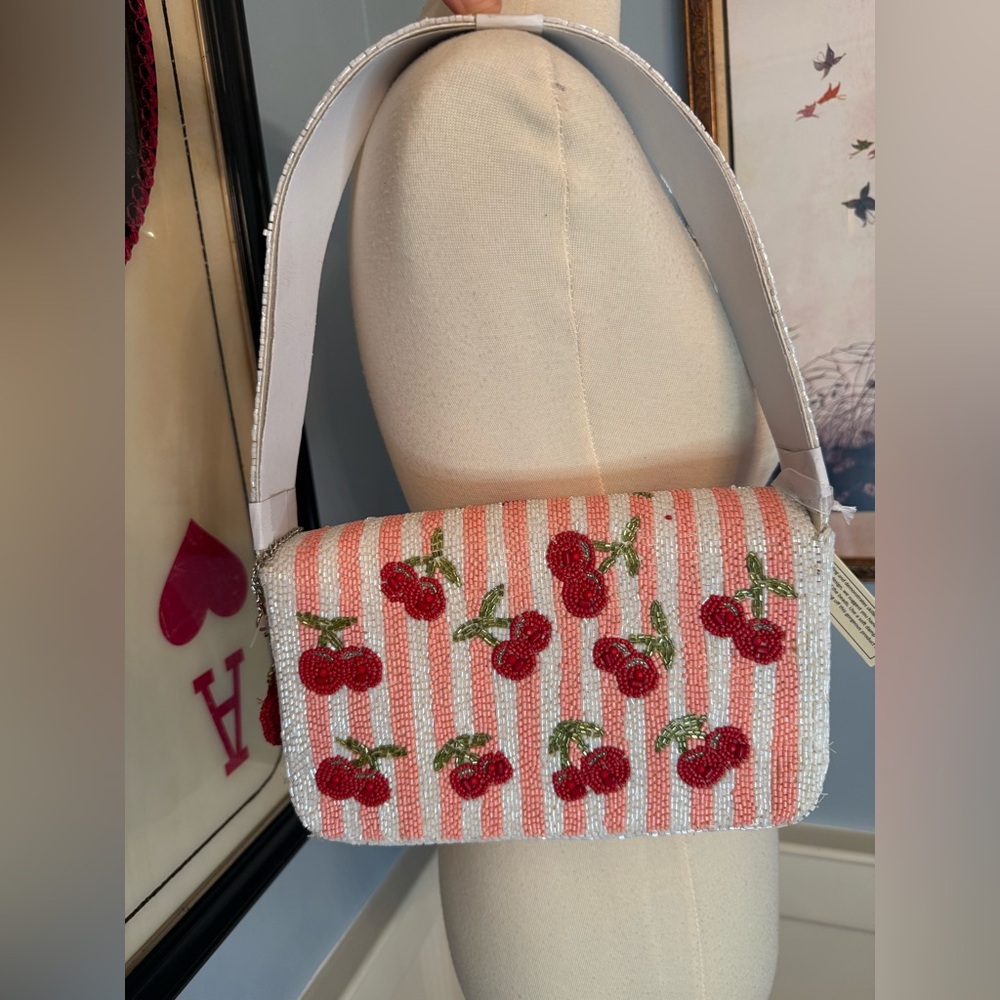Viral Beaded Bag! NWT Cherries with Pink and White Stripes Shoulder Bag - Picture 2 of 7